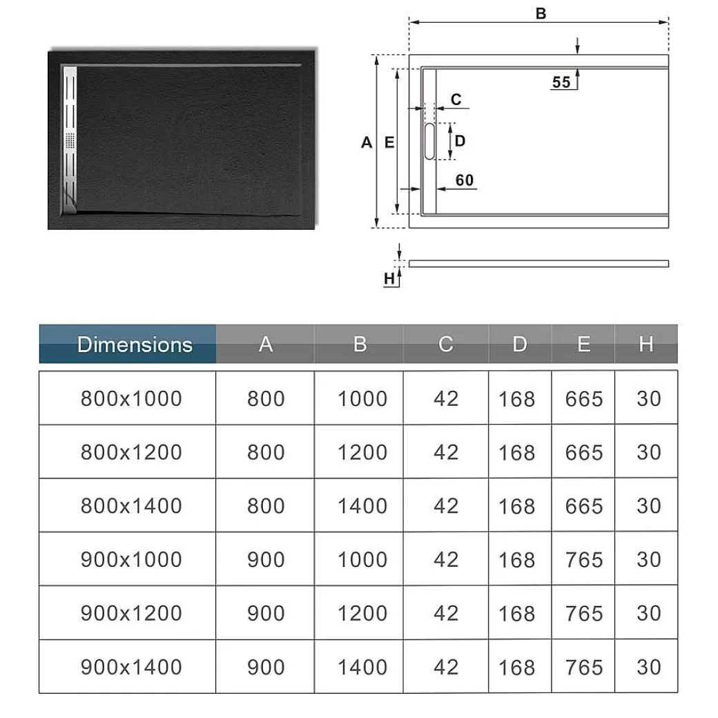 Aica Douchebakken 100X90Cm Zwart Steeneffect L9010|Brico New