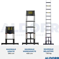 Aldorr Professional - Telescoopladder 3,80M - Telescopische Stabilisatie Balk - Optigrip™|Brico Outlet