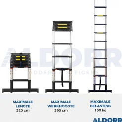 Aldorr Professional - Telescoopladder 3,20M - Met Optigrip™ En Extra Brede Treden|Brico
