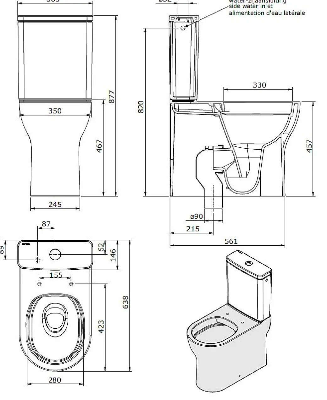 Aquavive Duoblok Toilet| Universele Afvoer| Randloos | Verhoogd +7Cm | Wit|Brico