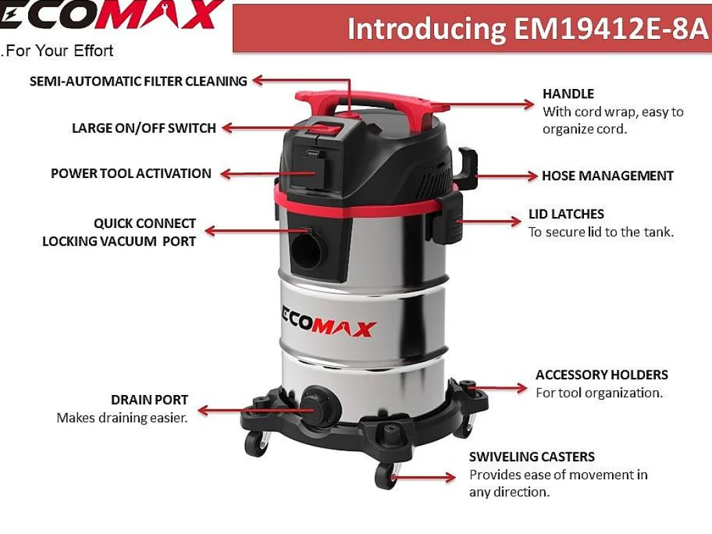 Ecomax Stofzuiger Nat-Droog M Class Lite Rvs 30 Liter|Brico New