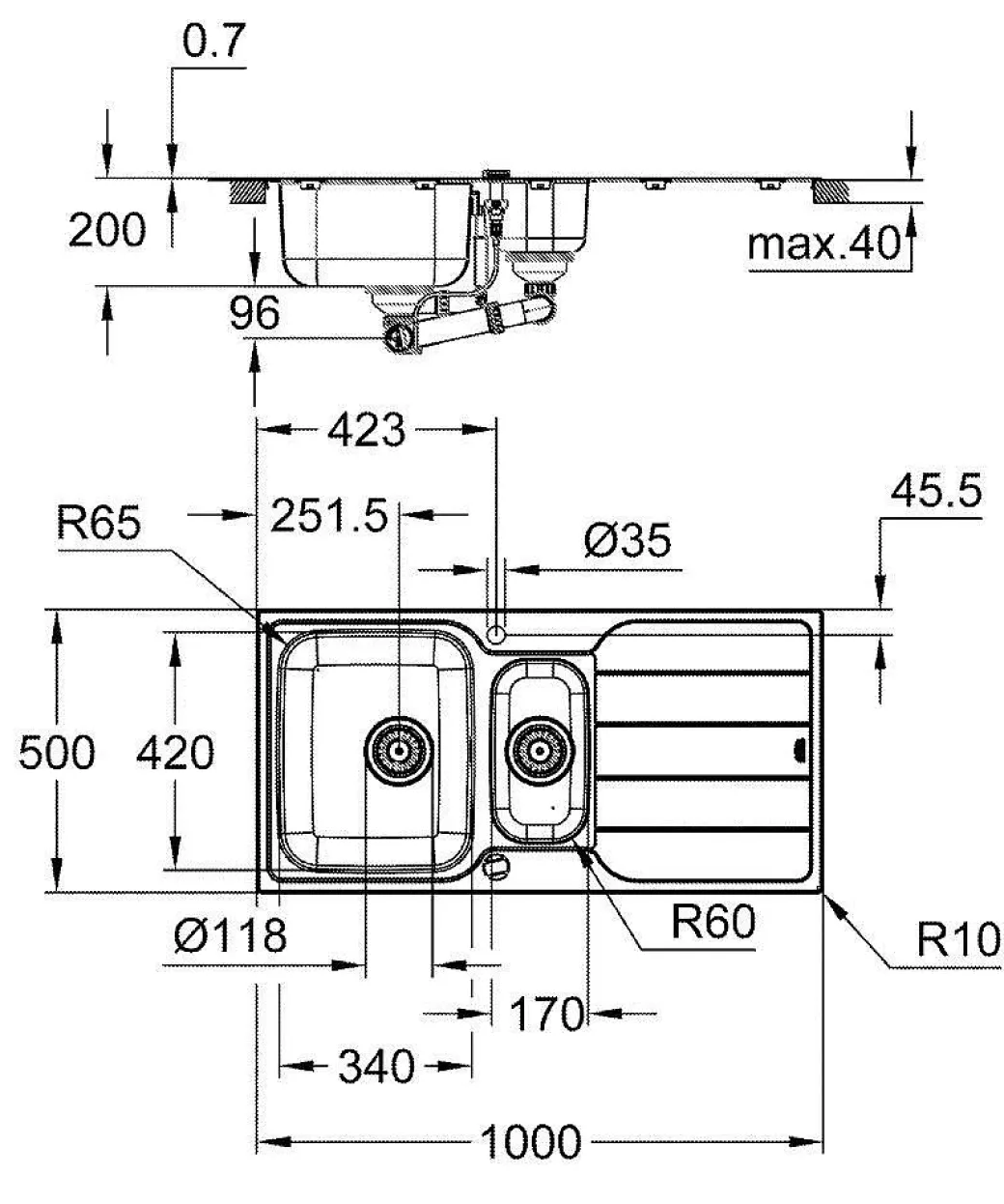 Grohe Spoelbak K500 Met Druiprek 970X500Mm Rvs|Brico Online