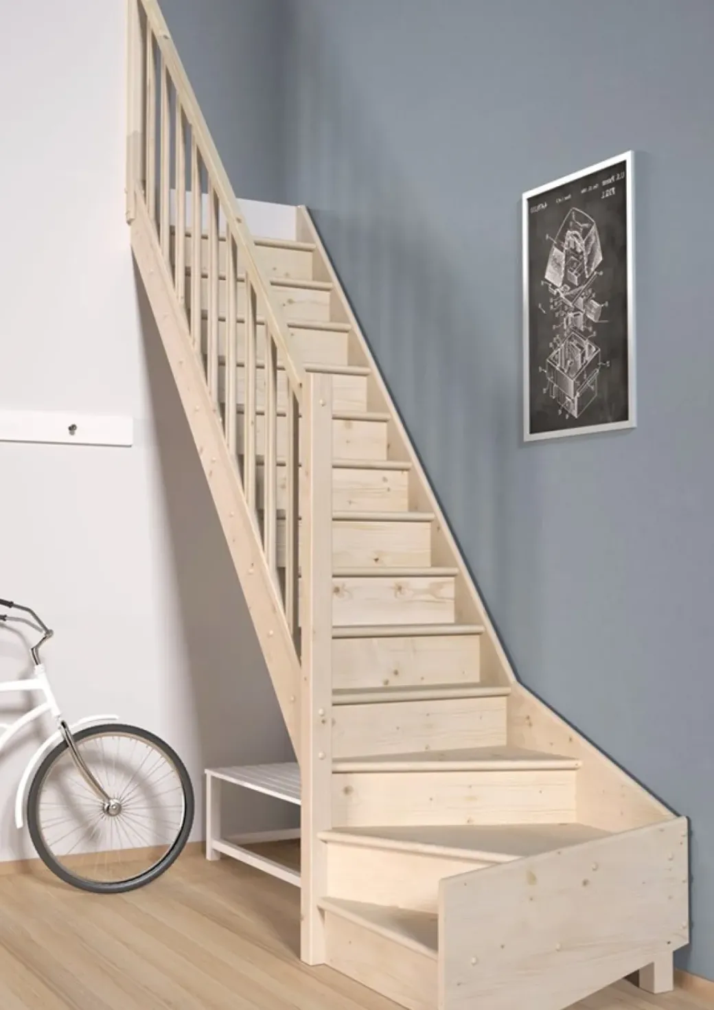Brico Zoldertrappen-Handystairs Open Kwartslagtrap "Vega80" - Links - 280 Cm Hoog - 13 Grenen Treden - Met Leuning