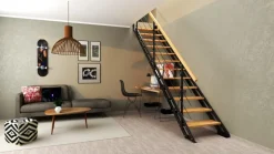 Brico Zoldertrappen-Handystairs Rechte Trap "Synth" - Trap Van Zwart Metaal Met Grenen Treden - Hoogte 856 - 1066Mm