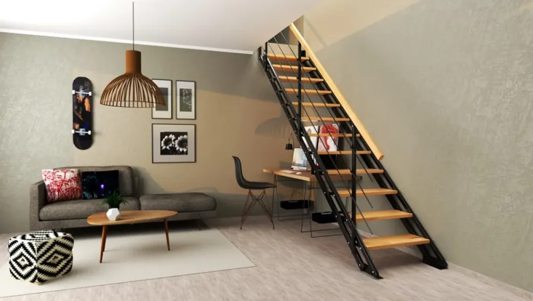 Brico Zoldertrappen-Handystairs Rechte Trap "Synth" - Trap Van Zwart Metaal Met Grenen Treden - Hoogte 856 - 1066Mm