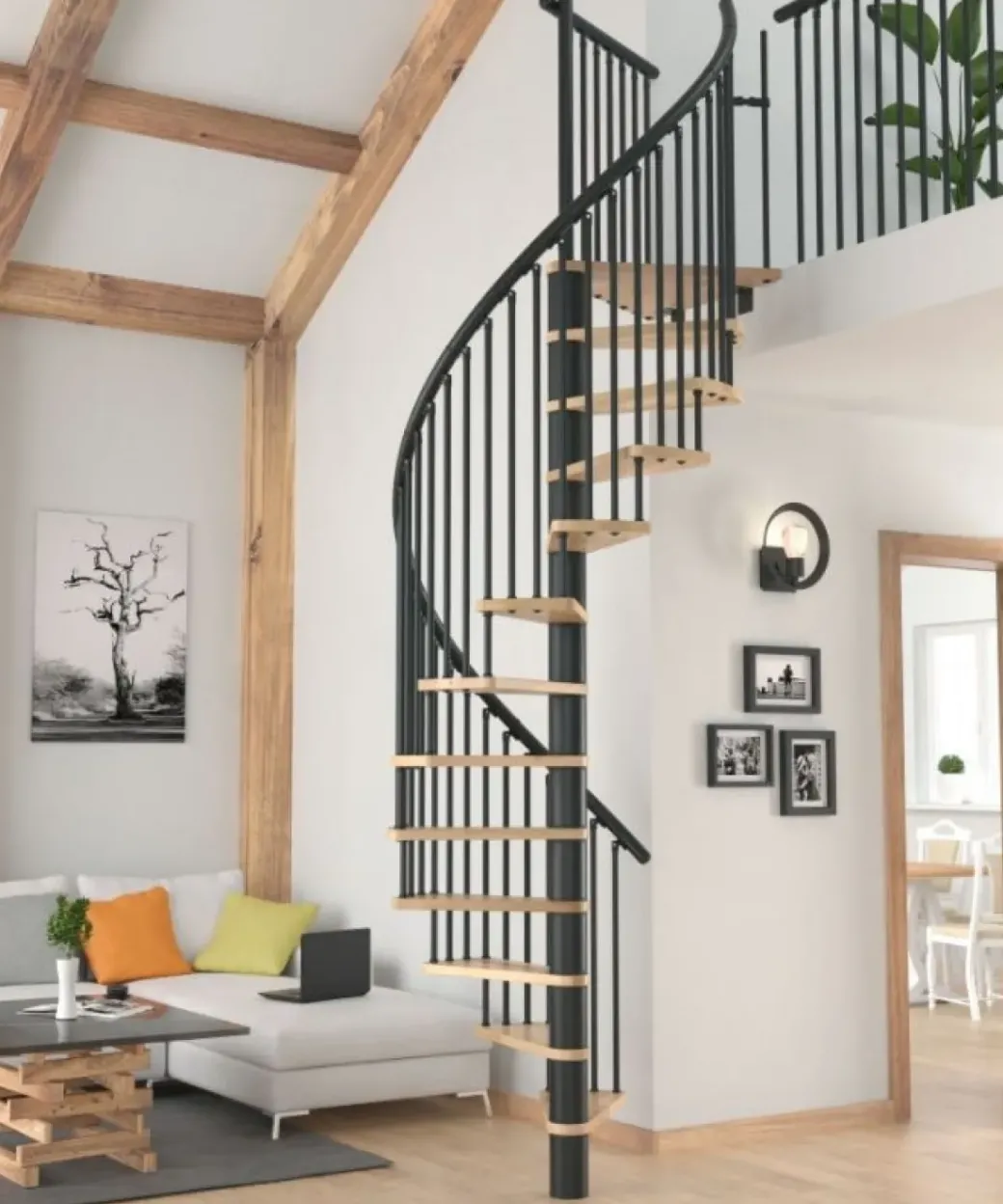 Brico Zoldertrappen-Handystairs Wenteltrap "Spirale" - Diameter 120Cm - Hoogte 309Cm - 12 Beuken Treden - Zwart Staal
