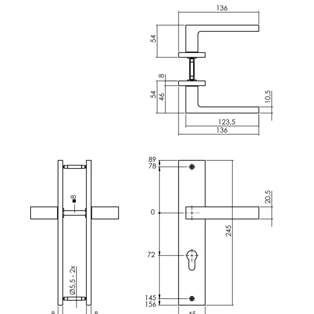 Brico Deurbeslag-Intersteel Deurklink Op Plaat Hera 245X45 Mm Profielcilindergat 72Mm Matzwart