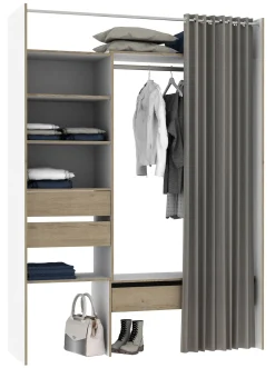 Kast Oslo Wit/Eik Uitrekbaar Met Gordijn 3 Lades 6 Planken|Brico Sale