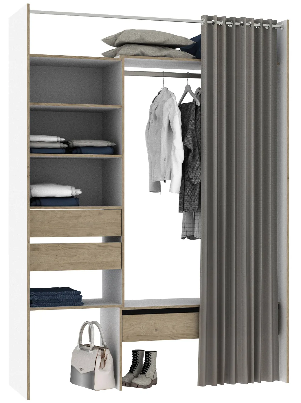 Kast Oslo Wit/Eik Uitrekbaar Met Gordijn 3 Lades 6 Planken|Brico Sale