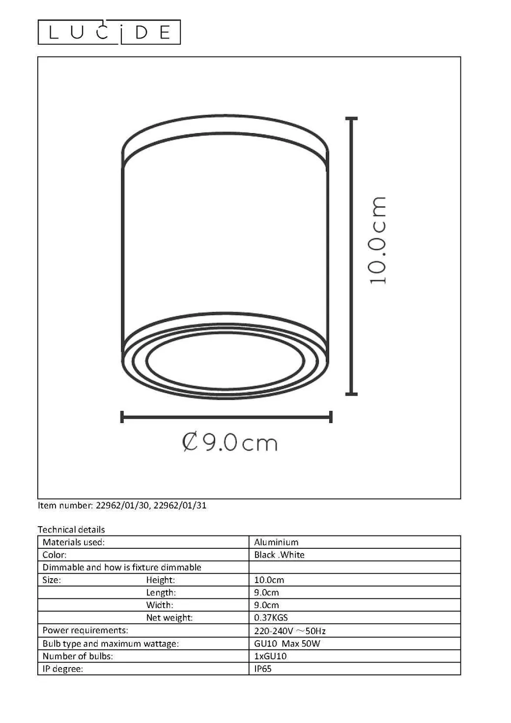 Lucide Plafondspot Aven Wit 9Cm Gu10|Brico Discount