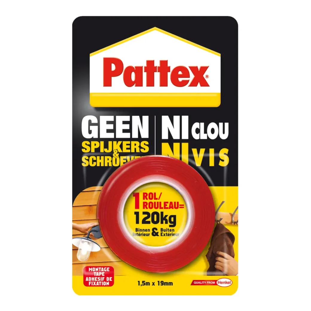 Brico Dubbelzijdige Tape-Pattex Tape Geen Spijkers & Schroeven 1,5M 120Kg Binnen/Buiten