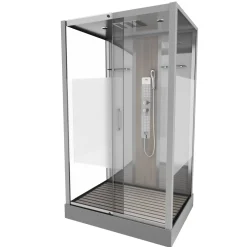 Technische Eigenschappen: 85X115X215Cm Benodigde Hoogte Voor Installatie 230Cm Metaalgrijs Gelakte Aluminium Structuur Omkeerbare Schuifdeur In 6 Mm Van Gehard Glas Achterwand Van Grijs Gehard Glas Van 5 Mm Composiet Houten Kolom Met Roestvrijstalen Plaat Voorwanden En Zijkanten Met Gematteerde Banden Versterkt Grijs Acryl Dak En Douchebak Magnetische Sluiting Siliconenvrije Montage Toebehoren: Rvs Regendouchekop Anti-Kalksteen Multi-Jet Roestvrijstalen Hydromassagepaneel Anti-Kalksteen Handdouche Pvc-Slang Met Metallic Effect Glazen Planken Verchroomd Roestvrijstalen Handvat Mechanische Mengkraan 90 Mm Afvoer Met Hoog Debiet Composiet Houten Rooster Geleverd Met Aansluitslangen|Brico