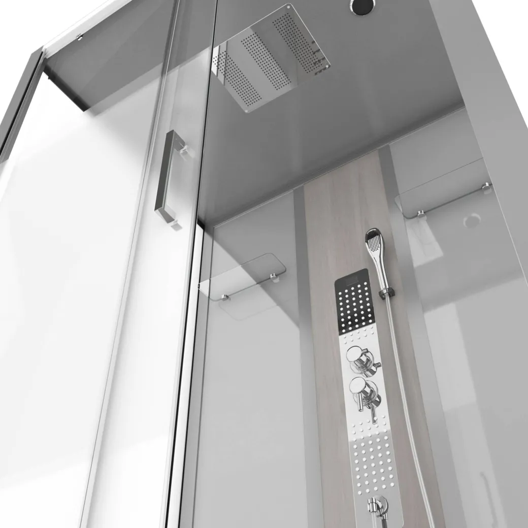 Technische Eigenschappen: 85X115X215Cm Benodigde Hoogte Voor Installatie 230Cm Metaalgrijs Gelakte Aluminium Structuur Omkeerbare Schuifdeur In 6 Mm Van Gehard Glas Achterwand Van Grijs Gehard Glas Van 5 Mm Composiet Houten Kolom Met Roestvrijstalen Plaat Voorwanden En Zijkanten Met Gematteerde Banden Versterkt Grijs Acryl Dak En Douchebak Magnetische Sluiting Siliconenvrije Montage Toebehoren: Rvs Regendouchekop Anti-Kalksteen Multi-Jet Roestvrijstalen Hydromassagepaneel Anti-Kalksteen Handdouche Pvc-Slang Met Metallic Effect Glazen Planken Verchroomd Roestvrijstalen Handvat Mechanische Mengkraan 90 Mm Afvoer Met Hoog Debiet Composiet Houten Rooster Geleverd Met Aansluitslangen|Brico