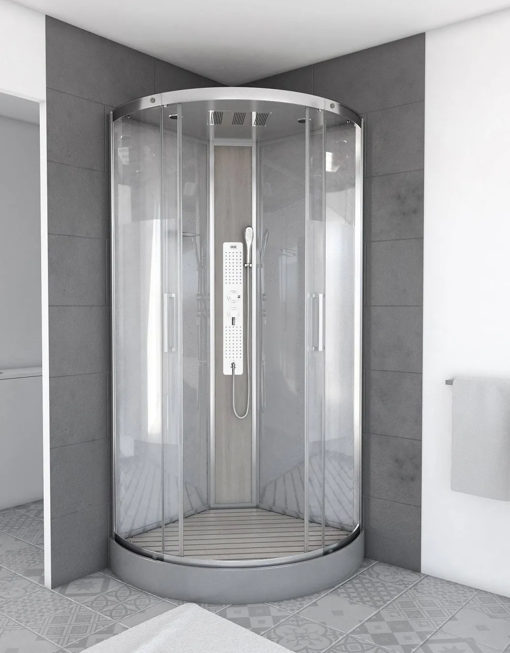 Technische Eigenschappen:85X185X215Cmbenodigde Hoogte Voor Installatie 230Cmmetaalgrijs Gelakte Aluminium Structuuromkeerbare Schuifdeur In 6 Mm Van Gehard Glasachterwand Van Grijs Gehard Glas Van 5 Mmcomposiet Houten Kolom Met Roestvrijstalen Plaatvoorwanden En Zijkanten Met Gematteerde Bandenversterkt Grijs Acryl Dak En Douchebakmagnetische Sluitingsiliconenvrije Montagetoebehoren: Rvs Regendouchekopanti-Kalksteen Multi-Jet Roestvrijstalen Hydromassagepaneelanti-Kalksteen Handdouchepvc-Slang Met Metallic Effectglazen Plankenverchroomd Roestvrijstalen Handvatmechanische Mengkraan90 Mm Afvoer Met Hoog Debietcomposiet Houten Roostergeleverd Met Aansluitslangen|Brico Online