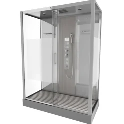 Technische Eigenschappen:75X150X215Cmbenodigde Hoogte Voor Installatie 230Cmmetaalgrijs Gelakte Aluminium Structuuromkeerbare Schuifdeur In 6 Mm Van Gehard Glasachterwand Van Grijs Gehard Glas Van 5 Mmcomposiet Houten Kolom Met Roestvrijstalen Plaatvoorwanden En Zijkanten Met Gematteerde Bandenversterkt Grijs Acryl Dak En Douchebakmagnetische Sluitingsiliconenvrije Montagetoebehoren: Rvs Regendouchekopanti-Kalksteen Multi-Jet Roestvrijstalen Hydromassagepaneelanti-Kalksteen Handdouchepvc-Slang Met Metallic Effectglazen Plankenverchroomd Roestvrijstalen Handvatmechanische Mengkraan90 Mm Afvoer Met Hoog Debietcomposiet Houten Roostergeleverd Met Aansluitslangen|Brico Best