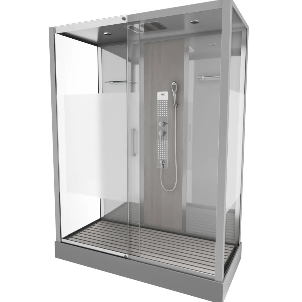 Technische Eigenschappen:75X150X215Cmbenodigde Hoogte Voor Installatie 230Cmmetaalgrijs Gelakte Aluminium Structuuromkeerbare Schuifdeur In 6 Mm Van Gehard Glasachterwand Van Grijs Gehard Glas Van 5 Mmcomposiet Houten Kolom Met Roestvrijstalen Plaatvoorwanden En Zijkanten Met Gematteerde Bandenversterkt Grijs Acryl Dak En Douchebakmagnetische Sluitingsiliconenvrije Montagetoebehoren: Rvs Regendouchekopanti-Kalksteen Multi-Jet Roestvrijstalen Hydromassagepaneelanti-Kalksteen Handdouchepvc-Slang Met Metallic Effectglazen Plankenverchroomd Roestvrijstalen Handvatmechanische Mengkraan90 Mm Afvoer Met Hoog Debietcomposiet Houten Roostergeleverd Met Aansluitslangen|Brico Best