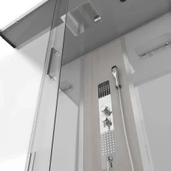 Technische Eigenschappen:75X150X215Cmbenodigde Hoogte Voor Installatie 230Cmmetaalgrijs Gelakte Aluminium Structuuromkeerbare Schuifdeur In 6 Mm Van Gehard Glasachterwand Van Grijs Gehard Glas Van 5 Mmcomposiet Houten Kolom Met Roestvrijstalen Plaatvoorwanden En Zijkanten Met Gematteerde Bandenversterkt Grijs Acryl Dak En Douchebakmagnetische Sluitingsiliconenvrije Montagetoebehoren: Rvs Regendouchekopanti-Kalksteen Multi-Jet Roestvrijstalen Hydromassagepaneelanti-Kalksteen Handdouchepvc-Slang Met Metallic Effectglazen Plankenverchroomd Roestvrijstalen Handvatmechanische Mengkraan90 Mm Afvoer Met Hoog Debietcomposiet Houten Roostergeleverd Met Aansluitslangen|Brico Best
