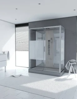 Technische Eigenschappen:75X150X215Cmbenodigde Hoogte Voor Installatie 230Cmmetaalgrijs Gelakte Aluminium Structuuromkeerbare Schuifdeur In 6 Mm Van Gehard Glasachterwand Van Grijs Gehard Glas Van 5 Mmcomposiet Houten Kolom Met Roestvrijstalen Plaatvoorwanden En Zijkanten Met Gematteerde Bandenversterkt Grijs Acryl Dak En Douchebakmagnetische Sluitingsiliconenvrije Montagetoebehoren: Rvs Regendouchekopanti-Kalksteen Multi-Jet Roestvrijstalen Hydromassagepaneelanti-Kalksteen Handdouchepvc-Slang Met Metallic Effectglazen Plankenverchroomd Roestvrijstalen Handvatmechanische Mengkraan90 Mm Afvoer Met Hoog Debietcomposiet Houten Roostergeleverd Met Aansluitslangen|Brico Best