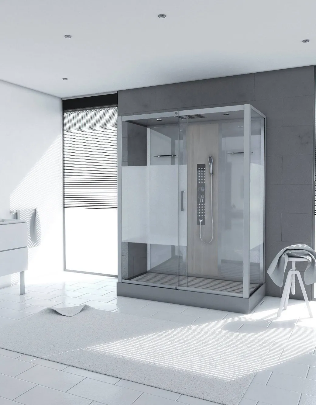 Technische Eigenschappen:75X150X215Cmbenodigde Hoogte Voor Installatie 230Cmmetaalgrijs Gelakte Aluminium Structuuromkeerbare Schuifdeur In 6 Mm Van Gehard Glasachterwand Van Grijs Gehard Glas Van 5 Mmcomposiet Houten Kolom Met Roestvrijstalen Plaatvoorwanden En Zijkanten Met Gematteerde Bandenversterkt Grijs Acryl Dak En Douchebakmagnetische Sluitingsiliconenvrije Montagetoebehoren: Rvs Regendouchekopanti-Kalksteen Multi-Jet Roestvrijstalen Hydromassagepaneelanti-Kalksteen Handdouchepvc-Slang Met Metallic Effectglazen Plankenverchroomd Roestvrijstalen Handvatmechanische Mengkraan90 Mm Afvoer Met Hoog Debietcomposiet Houten Roostergeleverd Met Aansluitslangen|Brico Best