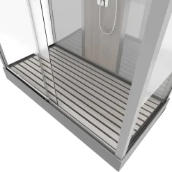 Technische Eigenschappen:75X150X215Cmbenodigde Hoogte Voor Installatie 230Cmmetaalgrijs Gelakte Aluminium Structuuromkeerbare Schuifdeur In 6 Mm Van Gehard Glasachterwand Van Grijs Gehard Glas Van 5 Mmcomposiet Houten Kolom Met Roestvrijstalen Plaatvoorwanden En Zijkanten Met Gematteerde Bandenversterkt Grijs Acryl Dak En Douchebakmagnetische Sluitingsiliconenvrije Montagetoebehoren: Rvs Regendouchekopanti-Kalksteen Multi-Jet Roestvrijstalen Hydromassagepaneelanti-Kalksteen Handdouchepvc-Slang Met Metallic Effectglazen Plankenverchroomd Roestvrijstalen Handvatmechanische Mengkraan90 Mm Afvoer Met Hoog Debietcomposiet Houten Roostergeleverd Met Aansluitslangen|Brico Best