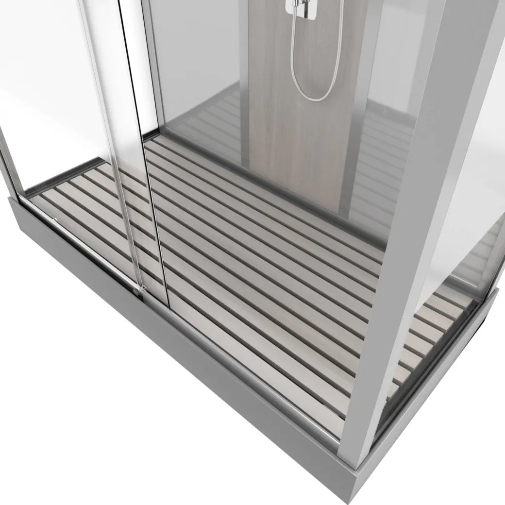 Technische Eigenschappen:75X150X215Cmbenodigde Hoogte Voor Installatie 230Cmmetaalgrijs Gelakte Aluminium Structuuromkeerbare Schuifdeur In 6 Mm Van Gehard Glasachterwand Van Grijs Gehard Glas Van 5 Mmcomposiet Houten Kolom Met Roestvrijstalen Plaatvoorwanden En Zijkanten Met Gematteerde Bandenversterkt Grijs Acryl Dak En Douchebakmagnetische Sluitingsiliconenvrije Montagetoebehoren: Rvs Regendouchekopanti-Kalksteen Multi-Jet Roestvrijstalen Hydromassagepaneelanti-Kalksteen Handdouchepvc-Slang Met Metallic Effectglazen Plankenverchroomd Roestvrijstalen Handvatmechanische Mengkraan90 Mm Afvoer Met Hoog Debietcomposiet Houten Roostergeleverd Met Aansluitslangen|Brico Best