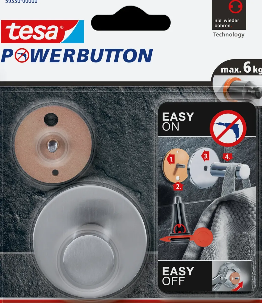 Brico Ophangsystemen-Tesa Powerbutton Haak Rond Glanzend Mat Chroom 6Kg