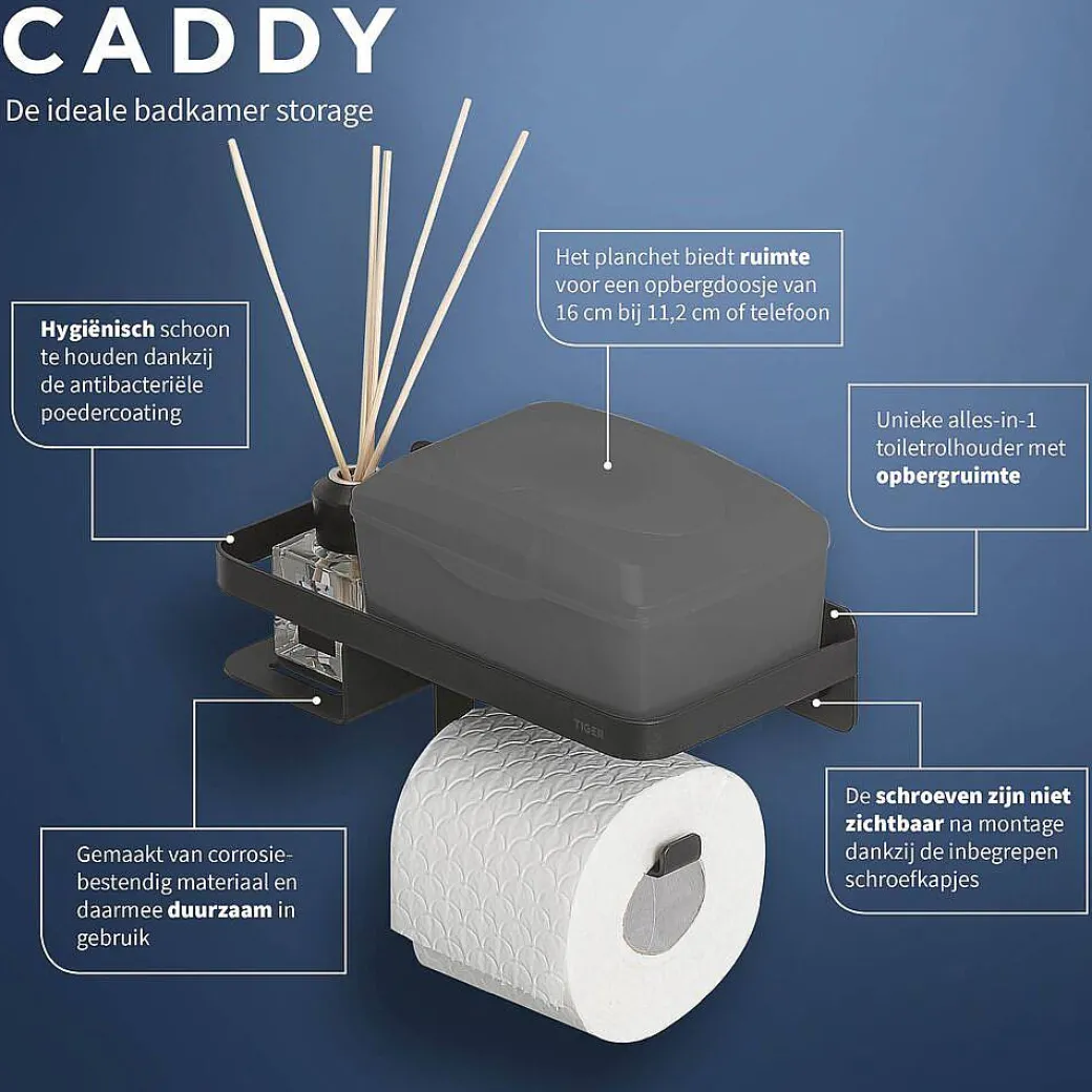 Tiger Caddy Toiletrolhouder Met Planchet Zwart|Brico New